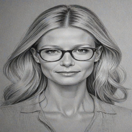 Enticing Gwyneth Paltrow, pencil sketch, portrait of Fetching woman 1946s in glasses, hair style beatnik, outline, clear lines, fine lines, 8k