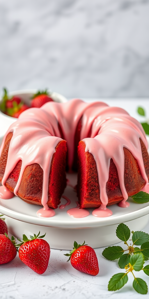Generate an image of a red velvet bundt cake with a smooth pink icing drizzled on top the cake should be displayed on a white plate with a blurred background featuring fresh strawberries and greenery for a vibrant and inviting look.