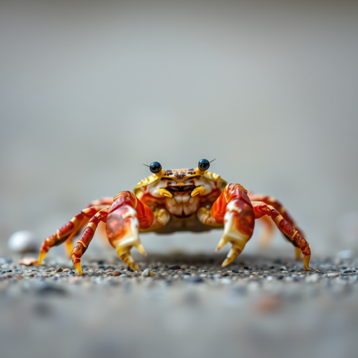 macro photograph of a crab walking on a flat surface with a shallow depth of field, aperture f/2.8, shutter speed 1/200s, ISO 100, taken with a DSLR camera from a low angle to emphasize details in the foreground and soft background blur