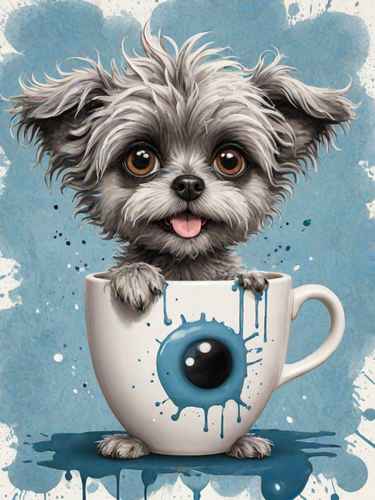 A quirky, artistic illustration of a disheveled peekapoo dog breed with exaggerated, large eyes and spiky fur, holding a coffee mug that reads "Good Morning". The dog has a tired but humorous expression, with ink splatters and abstract details surrounding it, giving a whimsical feel to the image. The color palette is mostly monochrome with hints of blue in the eyes and steam rising from the mug, enhancing the overall sleepy vibe
