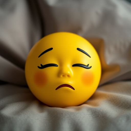 Create a high-resolution image of a sleeping face emoji with closed eyes and a small open mouth, using a 50mm lens, aperture f/1.8, ISO 100, shot in natural light, front view, digital camera.
