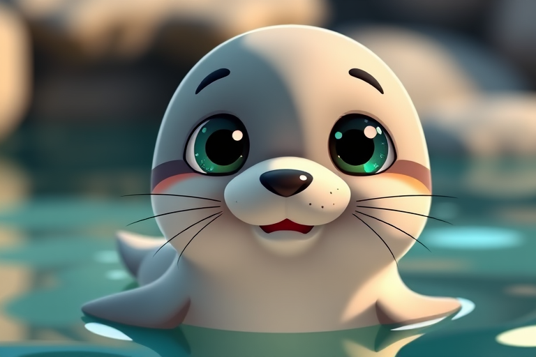 Create a high-resolution cartoon-style image of a cute seal with big expressive eyes and a playful pose, using a Canon EOS R5 camera, 50mm lens, f/1.8 aperture, ISO 200, with natural lighting and a soft focus background to enhance the image quality.