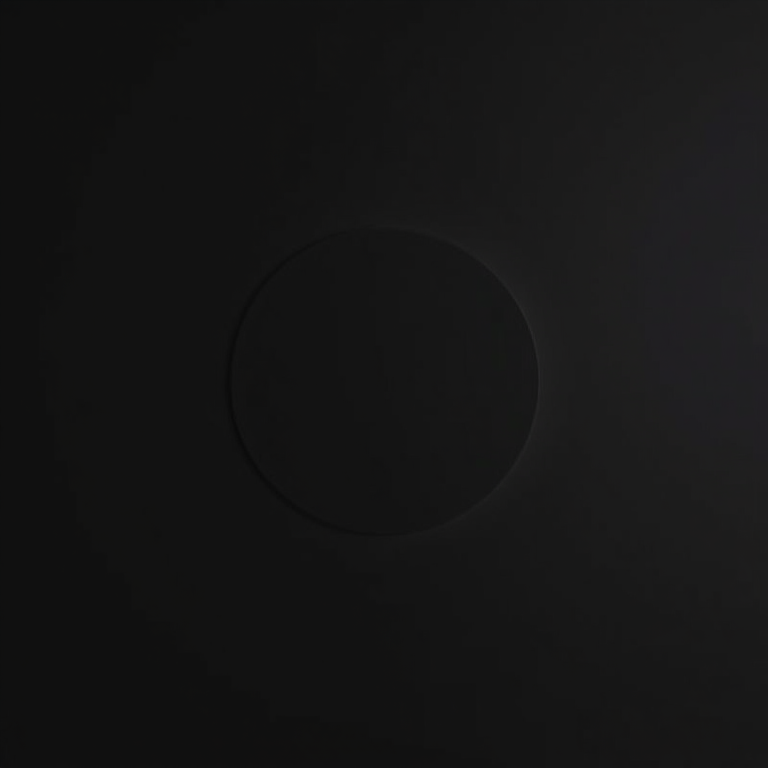 Create a minimalistic black background with a perfectly centered white circle, using a DSLR camera at f/2.8 aperture, ISO 100, 1/100s shutter speed, with a macro lens, in a top-down view to enhance image clarity and detail.