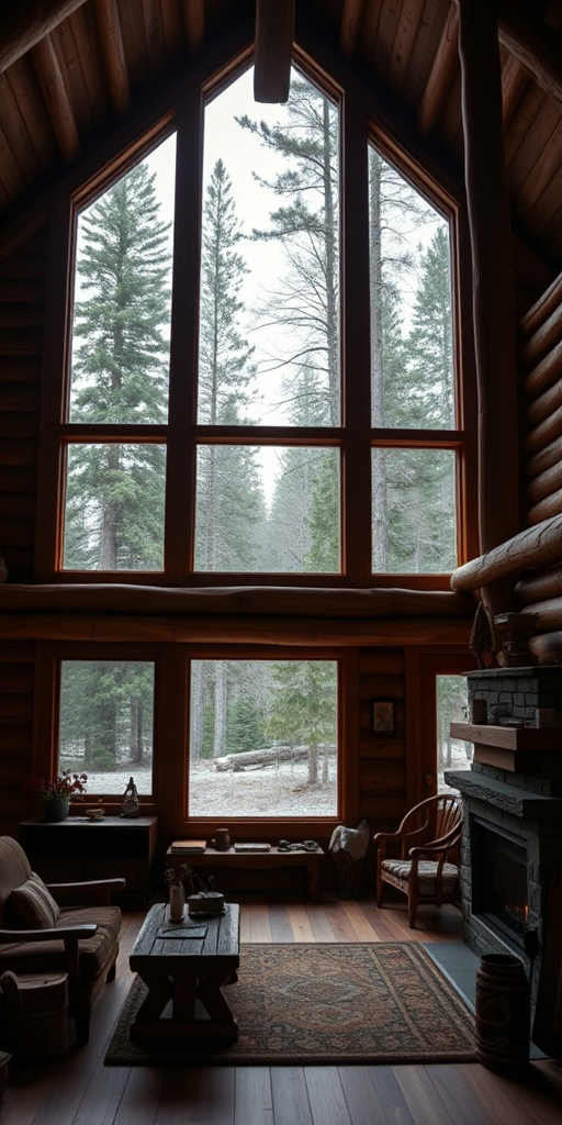 interior of a cozy log cabin with large windows showcasing a forest view, wooden furnishings, a fireplace glowing warmly, soft natural lighting, DSLR camera, aperture f/2.8, ISO 400, 24mm lens, shot from a slightly elevated angle to capture the whole scene