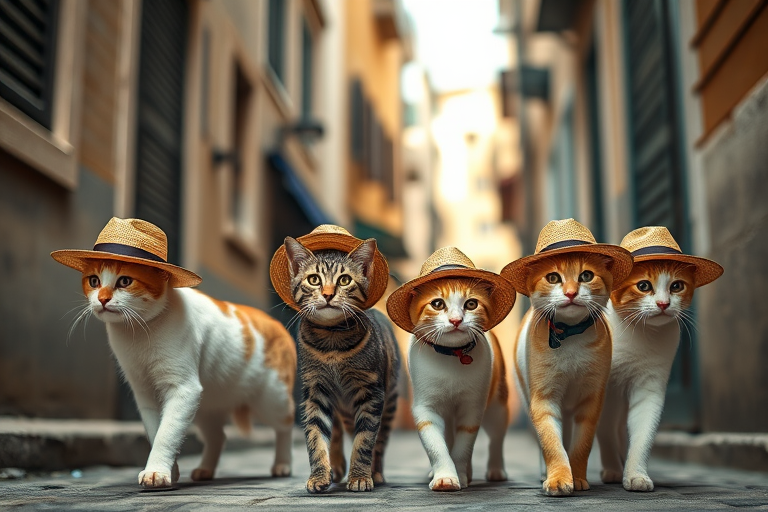 Create an image of four cats walking in a city alley, each wearing a straw hat, captured with a DSLR camera at f/2.8 aperture, ISO 100, shutter speed 1/200s, using a wide-angle lens and natural lighting for enhanced clarity and depth.