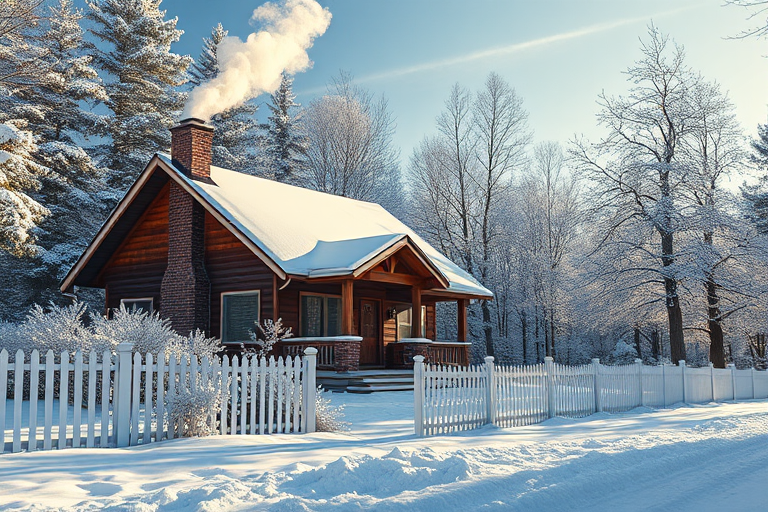 generate a winter landscape featuring a cozy wooden house with smoke coming from the chimney, surrounded by snow-covered trees and a white picket fence, captured with a Canon EOS R5, f/8 aperture, 24mm lens, ISO 200, in a bright daylight setting for enhanced vibrancy and clarity