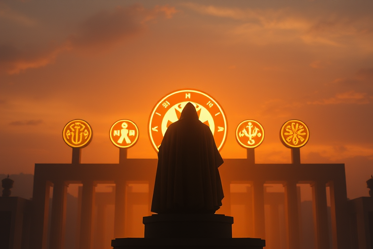 Regenerate the image of a cloaked figure standing on a pedestal with glowing symbols in the background, use a wide-angle lens at f/2.8, ISO 100, 24mm focal length, sunset lighting, and a digital camera in a cinematic style.