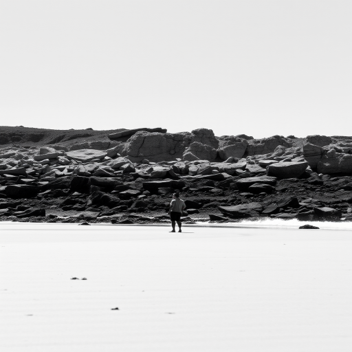Capture a black and white image of a solitary figure standing on a beach, with a rocky shoreline in the background, using a Canon EOS R5 at f/8, ISO 100, 1/200s, wide-angle lens, low angle view, soft natural light for enhanced clarity.