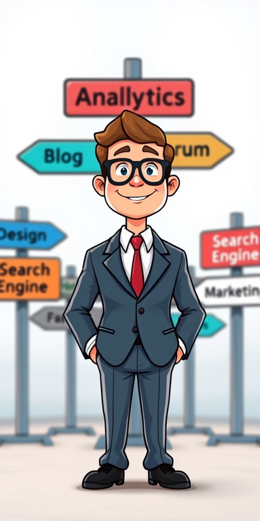 Create a colorful illustration of a cartoon man in a suit standing in front of various directional signs labeled Analytics, Blog, Design, Forum, Search Engine, and Marketing, using a high-resolution digital drawing style, with a soft focus background, in a 4K resolution, shot from a slight low angle to enhance the character's stature.