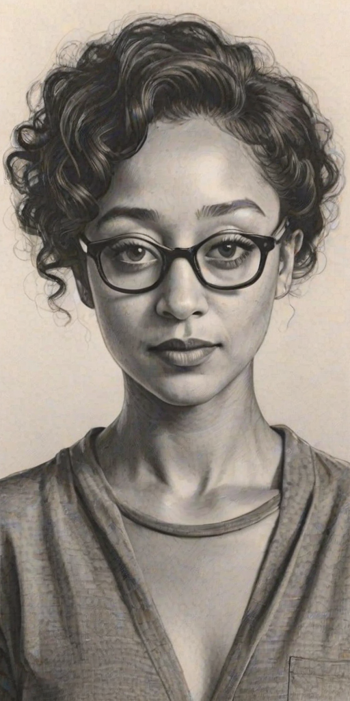 Superb Ruth Negga, pencil sketch, portrait of Radiant woman 1958s in glasses, hair style beatnik, outline, clear lines, fine lines, 8k