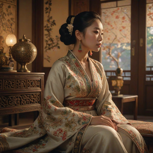 A beautiful woman in traditional East Asian attire, intricately detailed with embroidered patterns, sitting gracefully in a richly decorated room, soft ambient lighting, serene and elegant, ultra-realistic, 8K resolution