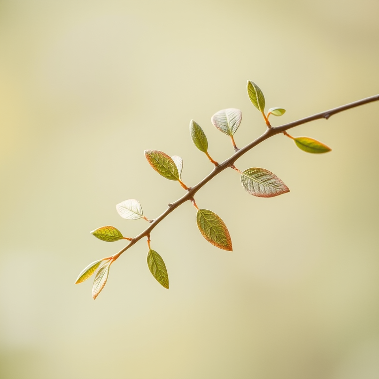 create a botanical illustration of a delicate branch with leaves using a high-resolution DSLR camera, 50mm lens, f/2.8 aperture, ISO 100, against a soft, blurred background for enhanced depth of field and detail.