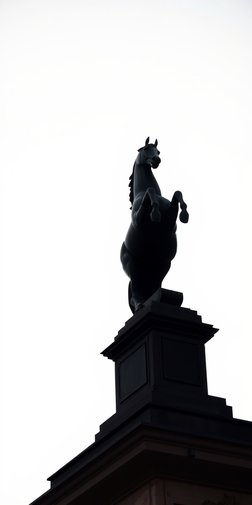 high contrast silhouette of a prancing horse statue atop a building against a white sky, shot with a DSLR camera, 50mm lens, f/8 aperture, ISO 100, shot from a low angle to emphasize height and clarity, high dynamic range style