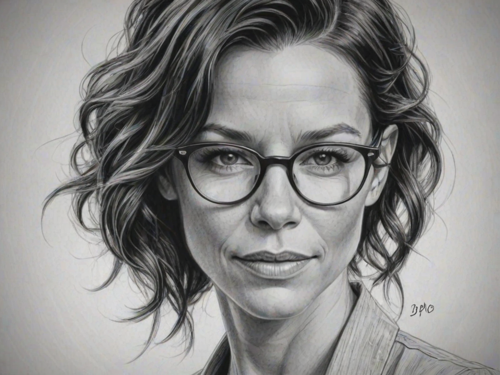 Dazzling Evangeline Lilly, pencil sketch, portrait of Fascinating woman 1924s in glasses, hair style beatnik, outline, clear lines, fine lines, 8k