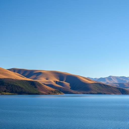 Create a high-resolution image of a serene landscape featuring rolling hills and a calm lake under a clear blue sky, captured with a DSLR camera at 24mm, f/8, ISO 100, with soft natural lighting and a wide-angle view for depth.
