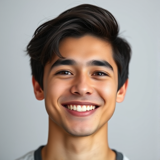 Create a high-resolution vector illustration of a smiling young man with dark hair, using a Canon EOS 5D Mark IV with a 50mm lens at f/1.8, 1/200s exposure, and ISO 100, centered in a soft-focus portrait style.