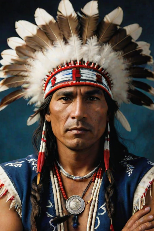 Create a dignified portrait of a Native American man dressed in traditional attire. He wears a beautifully crafted headdress adorned with white feathers and red beads, along with a beaded headband featuring intricate patterns. His clothing includes a deep blue, patterned shirt and a traditional chest piece with detailed beadwork. His arms are crossed, displaying leather armbands decorated with feathers. The background is simple and neutral, emphasizing his proud and stoic expression. The overall image captures the rich cultural heritage and strength of his persona.