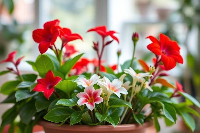 A vibrant potted plant arrangement featuring lush green leaves, red flowers, and white blooms, shot with a Canon EOS R5 at f/2.8, ISO 100, 50mm lens, in a well-lit indoor setting with a shallow depth of field for enhanced focus and clarity.