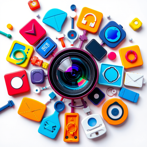 Create a high-resolution digital illustration of tech icons in a circular layout with vibrant colors, using a macro lens setting, wide-angle view, flat lay style, shot with a DSLR camera.