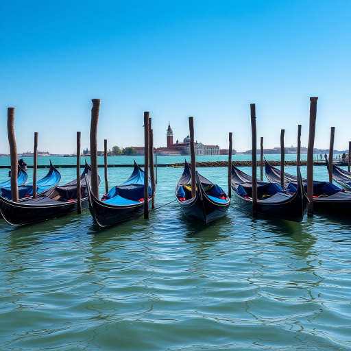Capture a serene waterfront scene featuring gondolas moored at wooden poles, with a clear blue sky and distant architecture in the background, using a DSLR camera at f/8, 1/250s, ISO 100, with a wide-angle lens to enhance depth and clarity.