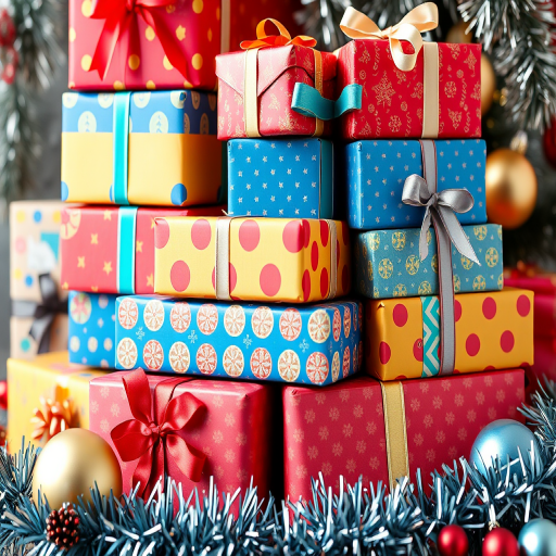 Generate an image of a colorful collection of wrapped gifts stacked together. The presents should feature various patterns and vibrant colors like red, yellow, and blue. Include decorative elements such as ribbons and bows on the gifts. Surround the presents with festive decorations like tinsel and shiny ornaments to create a joyful holiday atmosphere.