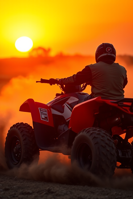 ATV rider kicking up dust at sunset, golden hour lighting, shallow depth of field, ISO 200, f/2.8, 1/500s, captured with a DSLR camera, telephoto lens, side view, vibrant colors, enhanced contrast
