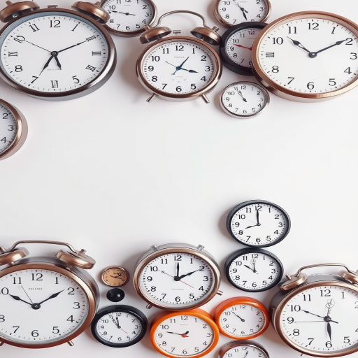 Create a visually appealing arrangement of various clocks with a minimalist background, using a DSLR camera at f/2.8 aperture, ISO 100, and a focal length of 50mm, top-down view, natural lighting.