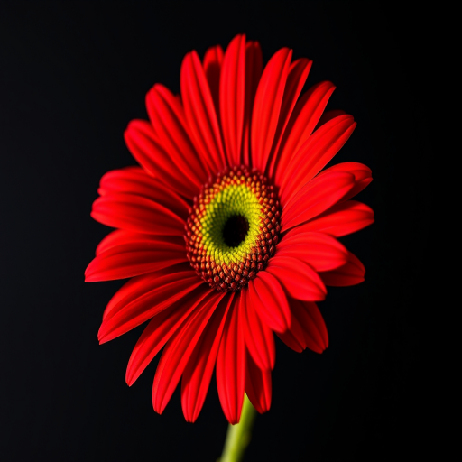 Regenerate an image of a vibrant gerbera daisy with bold red petals and a contrasting green center on a dark background, captured with a Canon EOS R5 at f/2.8, ISO 100, 50mm lens, with soft natural lighting from the side for enhanced detail and texture.