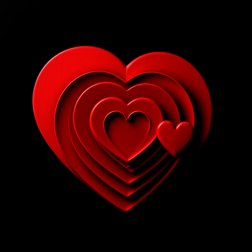 create a vivid illustration of concentric hearts in varying sizes, using a bright red color on a black background, captured with a Canon EOS R5, 50mm lens, f/2.8 aperture, 1/125 sec shutter speed, ISO 100, in a studio setting with soft lighting