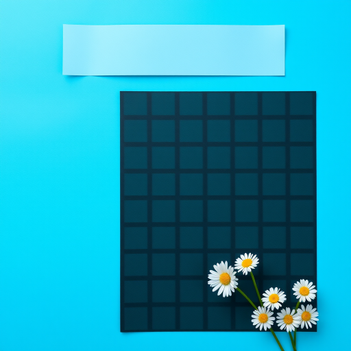 Create a bright blue background with a grid pattern of black squares, featuring a horizontal light blue banner across the top, and three white daisies in the bottom right corner, using a DSLR camera, f/8 aperture, 1/125 shutter speed, ISO 100, and a top-down view to enhance image quality.