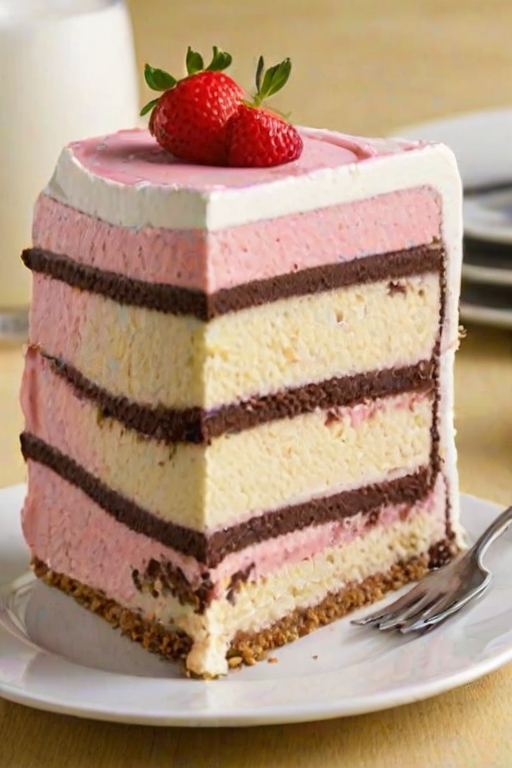Generate an image of a slice of layered ice cream cake. The cake should have three distinct layers: a chocolate layer at the bottom, a pink strawberry layer in the middle, and a white vanilla layer on top. The cake should have a crumbly chocolate cookie crust and be served on a white plate with a fork beside it.