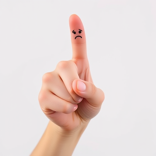 Create a high-resolution image of a hand with a thumb pointing downwards, featuring a sad face drawn on the thumb, using a DSLR camera with a 50mm lens at f/2.8 aperture, ISO 100, shot in natural light against a plain white background.