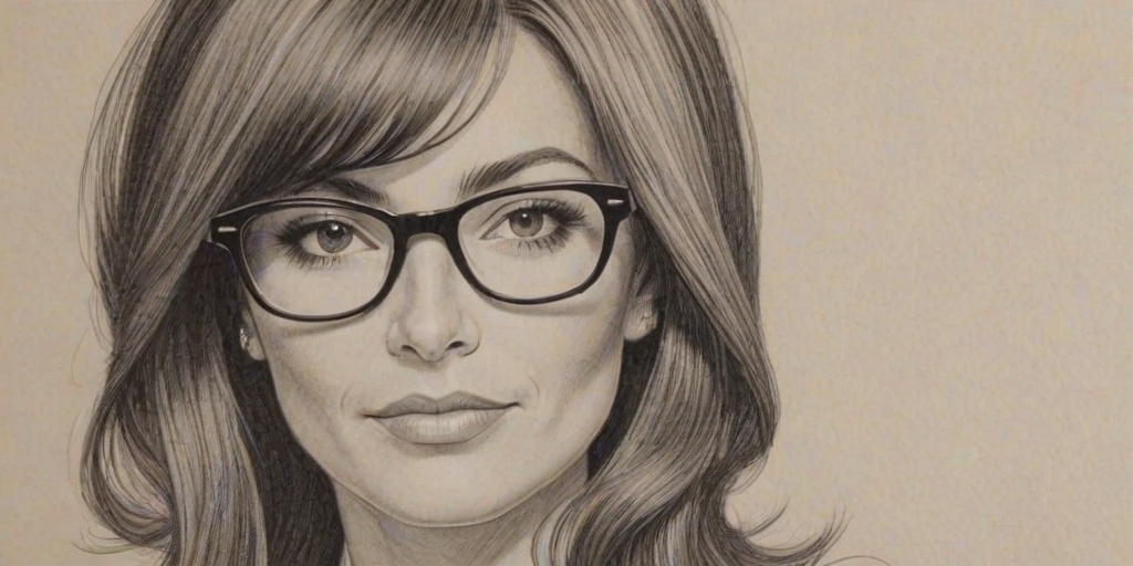 Enticing Marisol Nichols, pencil sketch, portrait of Bewitching woman 1964s in glasses, hair style beatnik, outline, clear lines, fine lines, 8k