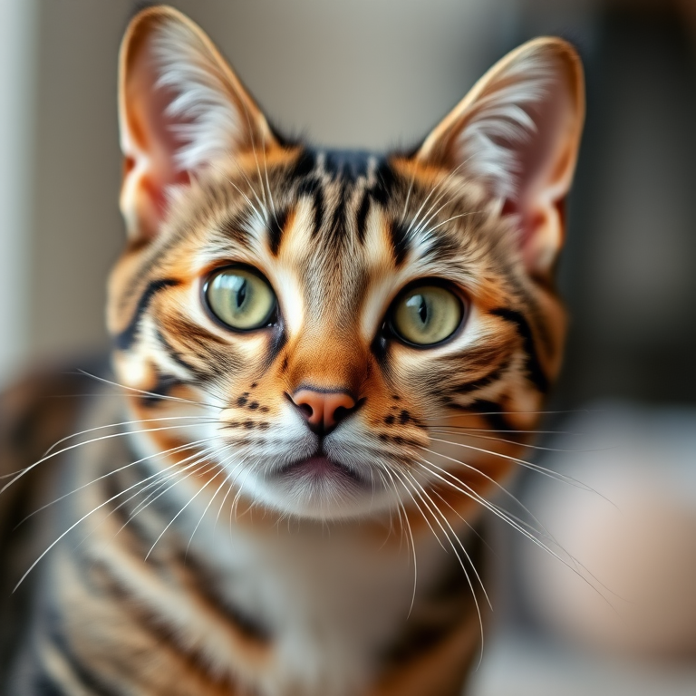 A close-up shot of a tabby cat with sharp focus, soft background bokeh, natural light, taken with a DSLR camera, 50mm lens, f/1.8 aperture, ISO 200, 1/200 sec shutter speed.