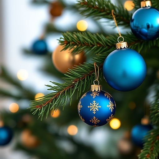 A close-up shot of a Christmas tree branch adorned with decorative blue and gold ornaments, soft bokeh background, taken with a DSLR camera at f/2.8 aperture, ISO 100, 50mm lens, in natural light for enhanced detail and quality.