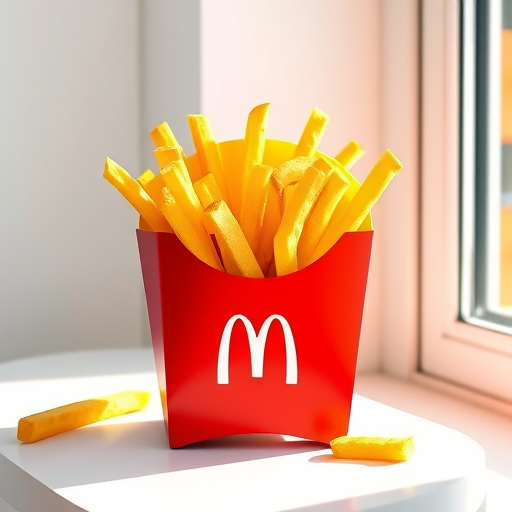 Create a vibrant, high-resolution illustration of a box of French fries with a bright red container and golden fries, using a Canon EOS R camera, 50mm lens, f/1.8 aperture, ISO 100, and soft natural lighting from a window for a clean studio look.