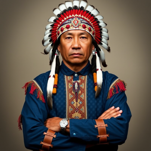 Create a dignified portrait of a Native American man dressed in traditional attire. He wears a beautifully crafted headdress adorned with white feathers and red beads, along with a beaded headband featuring intricate patterns. His clothing includes a deep blue, patterned shirt and a traditional chest piece with detailed beadwork. His arms are crossed, displaying leather armbands decorated with feathers. The background is simple and neutral, emphasizing his proud and stoic expression. The overall image captures the rich cultural heritage and strength of his persona.