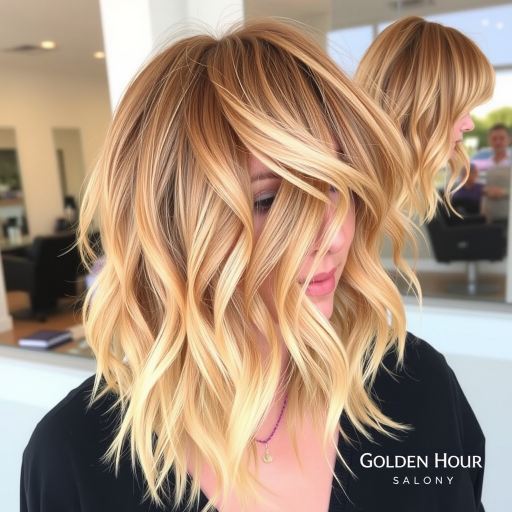 Warm honey blonde shag with curtain bangs, designed by "Golden Hour" salon, featuring tousled layers and sun-kissed balayage highlights, creating a effortlessly chic, lived-in look that evokes the glow of a summer sunset, perfect for those seeking a low-maintenance yet stylish appearance.