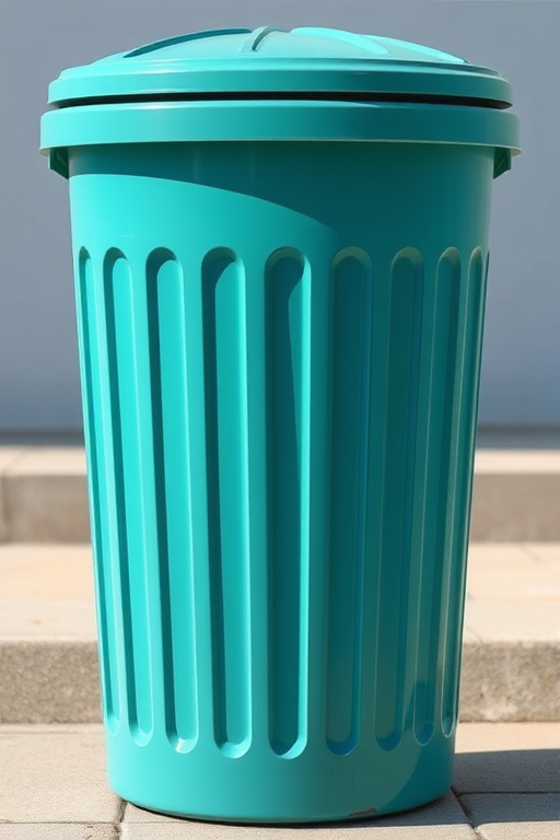 Create a high-resolution digital illustration of a teal garbage can with vertical stripes, using a 50mm lens, focal length of f/2.8, ISO 100, eye-level view, and soft natural lighting to enhance details and color gradients.