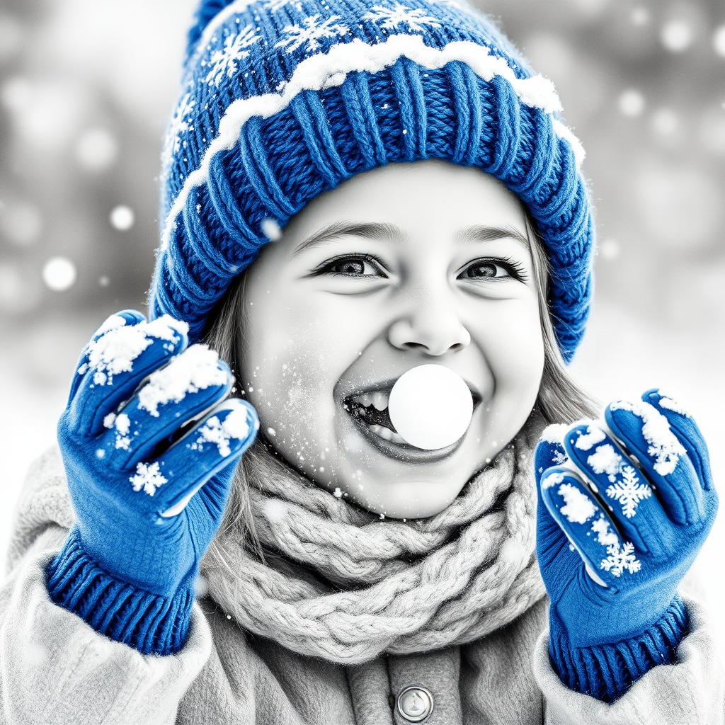 A hyperdetailed photorealistic macro image black and white pencil sketch of a young girl getting hit by a snowball during a snowball fight. She is wearing a brilliant sapphire blue wool beanie and bright blue mittens. She is trying to block the snowball by putting her hands up. The snowball hits her beanie and disintegrates into myriad tiny snowflakes caught with high speed photography. The girl is laughing and having a wonderful time.