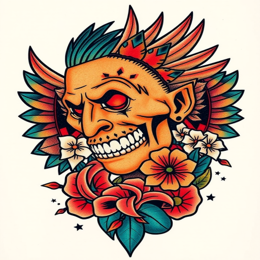 Traditional American tattoo reimagined with a modern twist, featuring bold linework and vibrant colors in a mashup of classic motifs and contemporary pop culture references