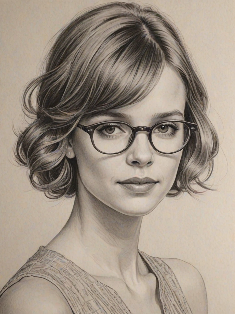 Dazzling Katja Herbers, pencil sketch, portrait of Bewitching woman 1926s in glasses, hair style beatnik, outline, clear lines, fine lines, 8k