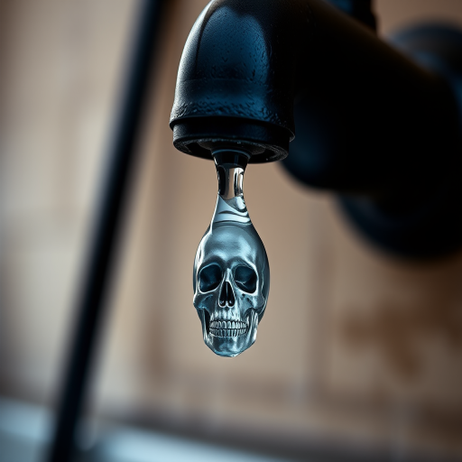 Design a high-resolution vector image of a black faucet dripping water that forms a droplet with a skull inside, captured with a DSLR camera at f/2.8, ISO 100, with a macro lens at a close-up view, utilizing natural lighting for clarity and contrast.