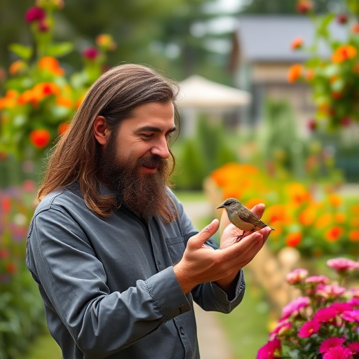 Create an image of a kind-looking man with long hair and a beard gently holding a small bird in a lush garden filled with vibrant flowers and greenery, captured in soft natural light with a Canon EOS R5, using a 50mm f/1.2 lens, in portrait mode with an aperture of f/2.8 for a shallow depth of field.