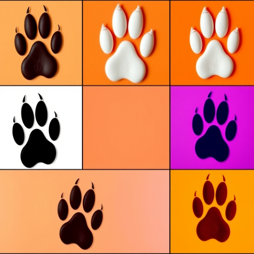 Regenerate an image of six paw prints arranged in a grid, with the top row featuring a cream and orange background and the bottom row showcasing orange and purple backgrounds, high-resolution, shot with a DSLR camera at f/5.6 aperture, ISO 100, 50mm lens, and a vibrant color profile.