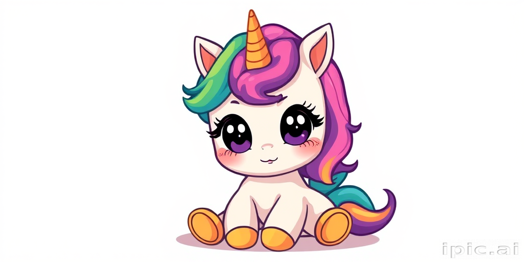 sticker design, white background, rainbow baby unicorn, cartoon figure, expressive big pupils, innocent expression, vibrant colors, very cute, long eyelashes, sitting on the ground, baby small body, baby head