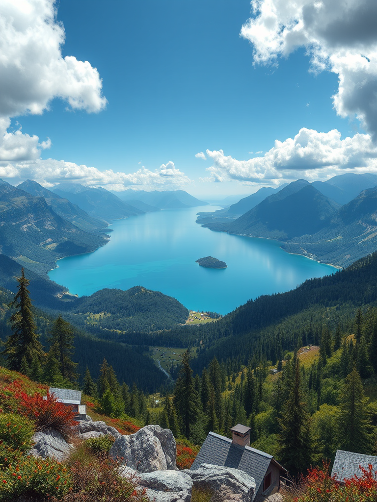 Create a highly detailed illustration of a serene landscape featuring a tranquil lake surrounded by mountains, captured with a Canon EOS R5 at f/8, 1/125s, ISO 100, in a wide-angle view with HDR processing for vibrant colors and clarity.