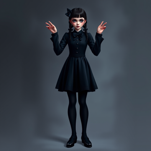 Digital art, full height portrait of Wednesday Addams, standing up with her hands in the air as if in a hold-up. Her dark, gothic attire replaces Alice’s classic blue dress, and she wears black shoes instead of blue. A small, neat black bow adorns her hair, capturing her signature style. The overall composition maintains a whimsical yet eerie tone, similar to Alice in Wonderland, while showcasing Wednesday’s iconic gothic charm.