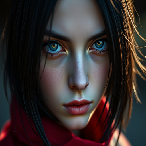 Create a highly detailed close-up portrait of a stylized character with dark hair and striking eyes, using a Canon EOS R5 with a 85mm f/1.2 lens, at ISO 100, shutter speed 1/200s, in soft natural lighting to enhance the depth and clarity of features while maintaining a mysterious atmosphere.