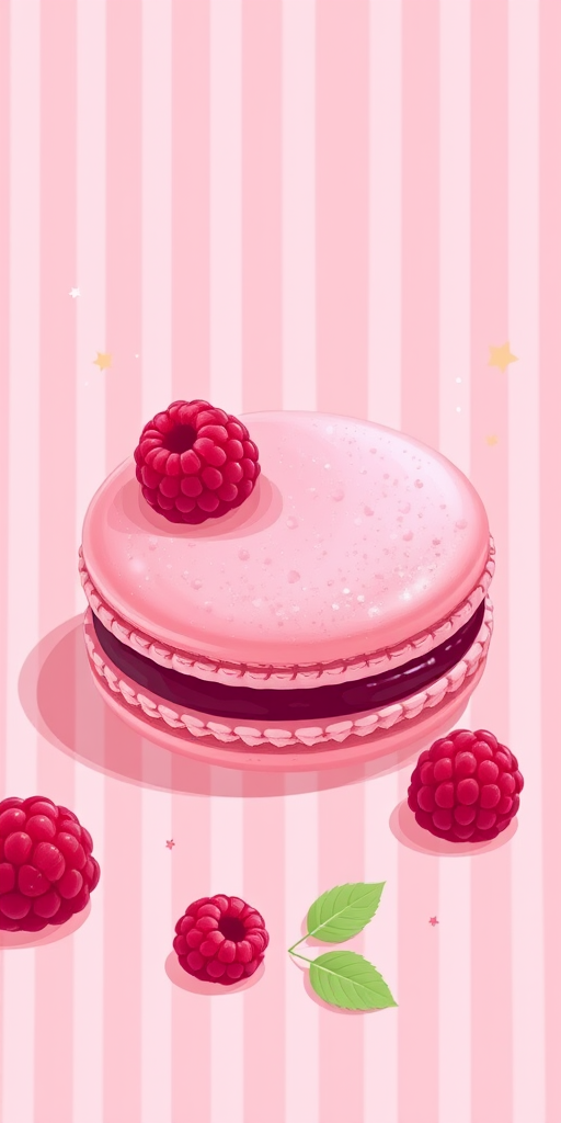 Create a high-resolution vector illustration of a raspberry macaron on a soft pink striped background, with decorative elements like stars and raspberries, using a Canon EOS R5 camera, 50mm lens, f/2.8 aperture, ISO 100, shooting in RAW format for enhanced image quality.